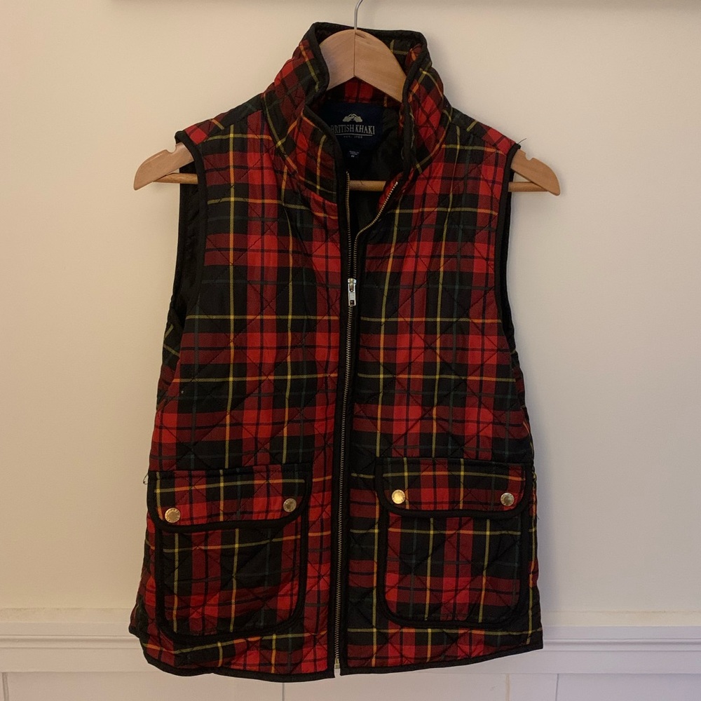 Quilted vest, plaid pattern & gold details, Sz. M